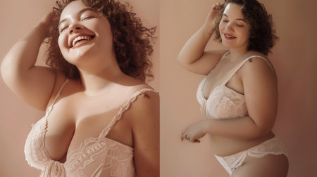 Confident Plus-Size Model in Elegant Lace Lingerie on a Pastel Backgroundの素材