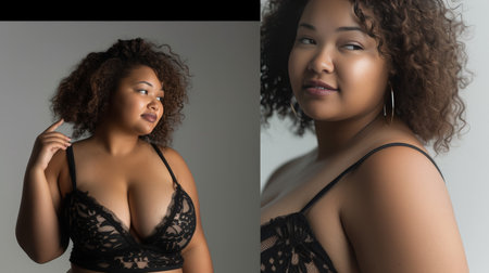 Confident Plus-Size Model in Elegant Lace Lingerie on a Pastel Backgroundの素材