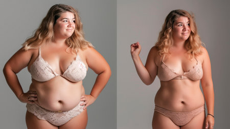 Confident Plus-Size Model in Elegant Lace Lingerie on a Pastel Backgroundの素材