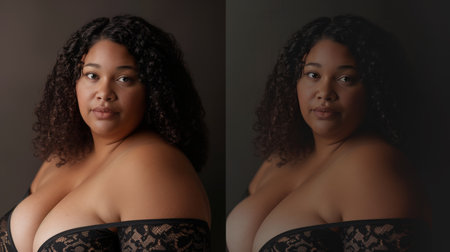 Confident Plus-Size Model Showcasing Elegant Lace Lingerieの素材