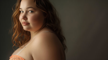 Confident Plus-Size Model in Elegant Lace Lingerie on a Pastel Backgroundの素材