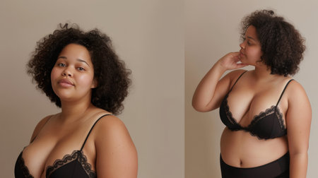 Confident Plus-Size Model Showcasing Elegant Lace Lingerieの素材