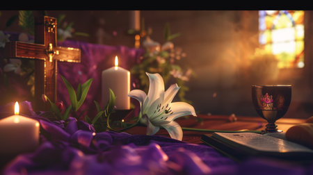 Easter Celebration in a Chapel with a Crucifix, Lit Candles, and Lilies Signifying Renewal and Worshipの素材