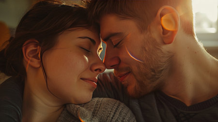 Intimate Sunset Moment Between a Loving Couple Embracing in Warm Golden Lightの素材