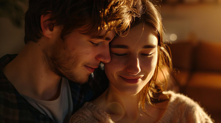 Intimate Sunset Moment Between a Loving Couple Embracing in Warm Golden Lightの素材