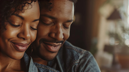 Tender Moment of Affection Between a Loving African American Couple in Warm Sunlightの素材