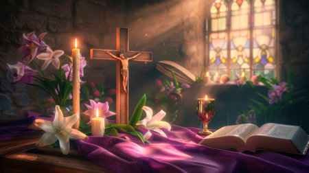 Easter Celebration in a Chapel with a Crucifix, Lit Candles, and Lilies Signifying Renewal and Worshipの素材