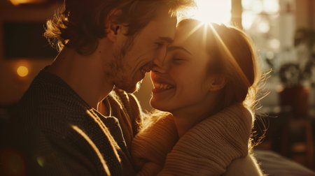 Intimate Sunset Moment Between a Loving Couple Embracing in Warm Golden Lightの素材