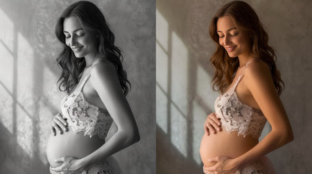 Expectant Mother in Lace Lingerie Embracing Her Pregnancyの素材