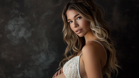 Expectant Mother in Lace Lingerie Embracing Her Pregnancyの素材