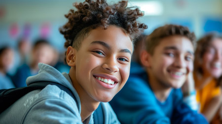 Happy Teenage Students Engaging Actively in Classroom Learning Activities at High Schoolの素材