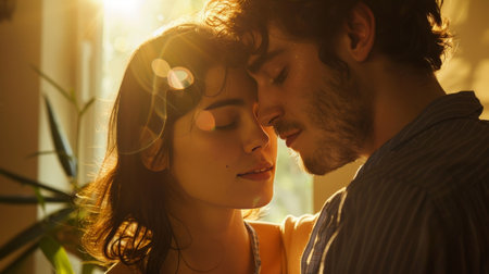 Intimate Sunset Moment Between a Loving Couple Embracing in Warm Golden Lightの素材
