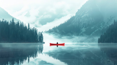 Serene Alpine Lake with a Solitary Red Canoe Floating in the Calm Waters Surrounded by Misty Mountainsの素材