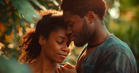 Tender Moment of Affection Between a Loving African American Couple in Warm Sunlightの素材