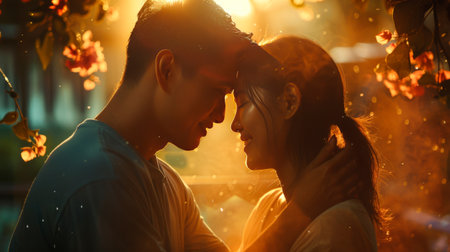 Intimate Sunset Moment Between a Loving Couple Embracing in Warm Golden Lightの素材
