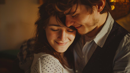 Intimate Sunset Moment Between a Loving Couple Embracing in Warm Golden Lightの素材