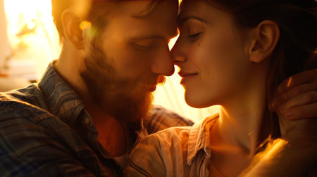 Intimate Sunset Moment Between a Loving Couple Embracing in Warm Golden Lightの素材