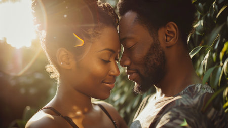 Tender Moment of Affection Between a Loving African American Couple in Warm Sunlightの素材
