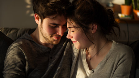Intimate Sunset Moment Between a Loving Couple Embracing in Warm Golden Lightの素材