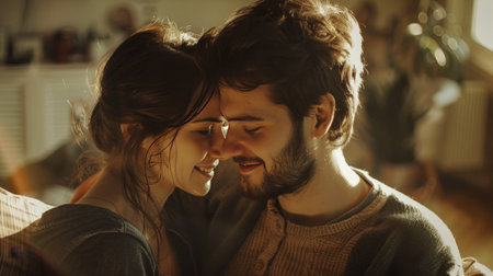 Intimate Sunset Moment Between a Loving Couple Embracing in Warm Golden Lightの素材