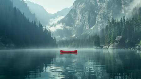 Serene Alpine Lake with a Solitary Red Canoe Floating in the Calm Waters Surrounded by Misty Mountainsの素材
