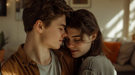 Intimate Sunset Moment Between a Loving Couple Embracing in Warm Golden Lightの素材