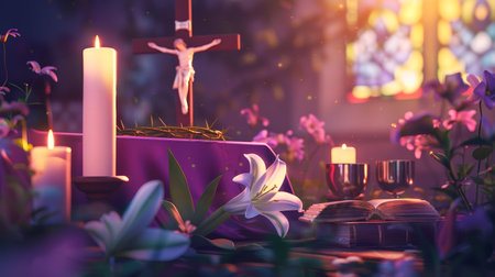 Easter Celebration in a Chapel with a Crucifix, Lit Candles, and Lilies Signifying Renewal and Worshipの素材