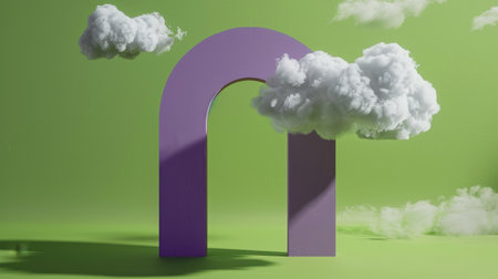 Vibrant Imagination Gateway - Cumulus Clouds Floating Through a Lime Green Arch into a Lavender Skyの素材