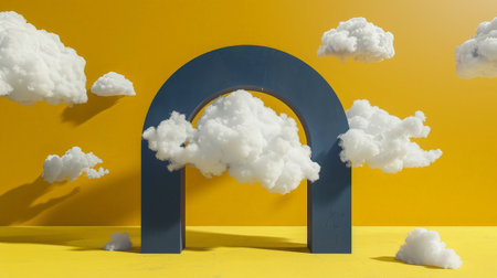 Abstract Sunny Dreamscape - Fluffy White Clouds Emerging from a Blue Archway on a Vibrant Yellow Backgroundの素材