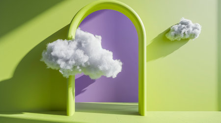 Vibrant Imagination Gateway - Cumulus Clouds Floating Through a Lime Green Arch into a Lavender Skyの素材