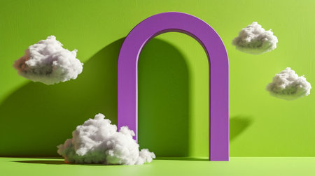 Vibrant Imagination Gateway - Cumulus Clouds Floating Through a Lime Green Arch into a Lavender Skyの素材