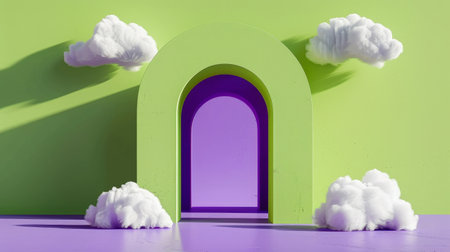 Vibrant Imagination Gateway - Cumulus Clouds Floating Through a Lime Green Arch into a Lavender Skyの素材