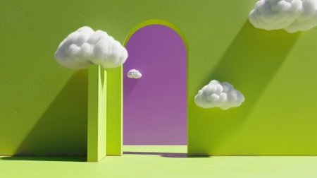 Vibrant Imagination Gateway - Cumulus Clouds Floating Through a Lime Green Arch into a Lavender Skyの素材