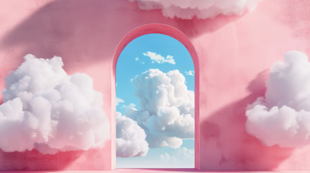Surreal Pink Portal to Serenity - Fluffy White Clouds Drifting Through a Pastel Archway Against a Soft Skyの素材