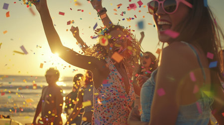 Joyful Beach Party Celebration with Friends at Golden Hourの素材