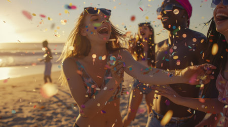 Joyful Beach Party Celebration with Friends at Golden Hourの素材