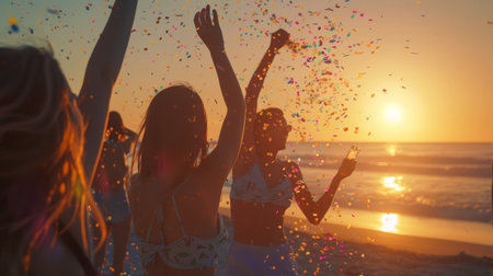 Joyful Beach Party Celebration with Friends at Golden Hourの素材