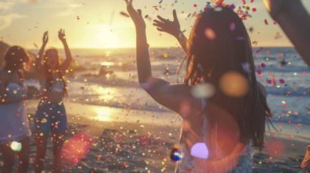 Joyful Beach Party Celebration with Friends at Golden Hourの素材