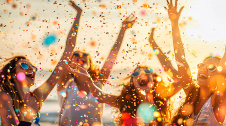 Joyful Beach Party Celebration with Friends at Golden Hourの素材