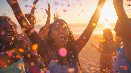 Joyful Beach Party Celebration with Friends at Golden Hourの素材