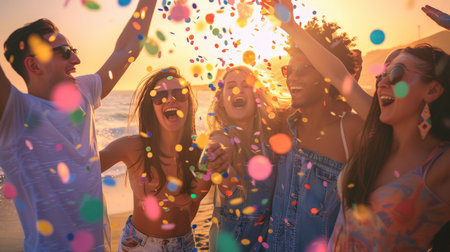 Joyful Beach Party Celebration with Friends at Golden Hourの素材