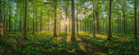 A Tranquil Morning as Golden Sun Rays Illuminate the Verdant Depths of a Forest Sanctuaryの素材