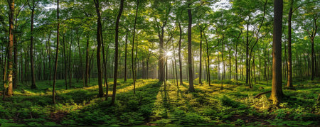 A Tranquil Morning as Golden Sun Rays Illuminate the Verdant Depths of a Forest Sanctuaryの素材