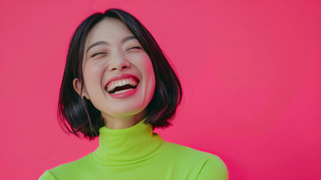 Exuberant Joy: Asian Woman Laughing with Eye-Catching Green Top on Pink Backgroundの素材