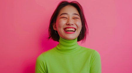 Exuberant Joy: Asian Woman Laughing with Eye-Catching Green Top on Pink Backgroundの素材