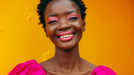 Carefree Elegance:Black Woman with a Glittering Smile and Dynamic Hair on a Yellow Backdropの素材