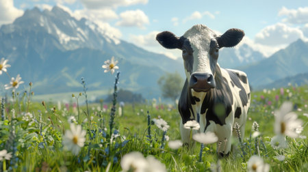 Alpine Pastures: Curious Cow Enjoying the Summer in a Mountainous Landscapeの素材
