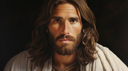 Intimate Portrait of Jesus of Nazareth with Soulful Eyes and Crown of Thornsの素材