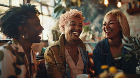 Joyful Multiethnic Senior Women Sharing a Laugh at a Cozy Cafeの素材