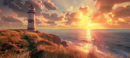 Golden Hour Majesty: Coastal Lighthouse Sceneの素材